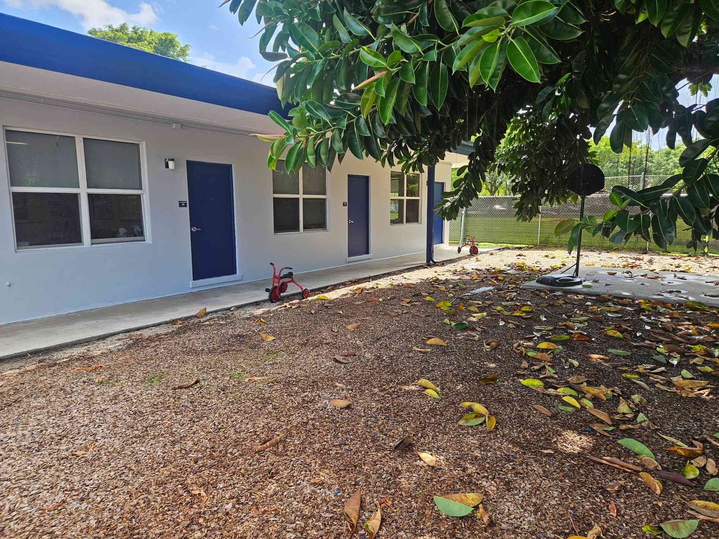 Rear of a repainted school building with blue doors and trim beside a shade tree
