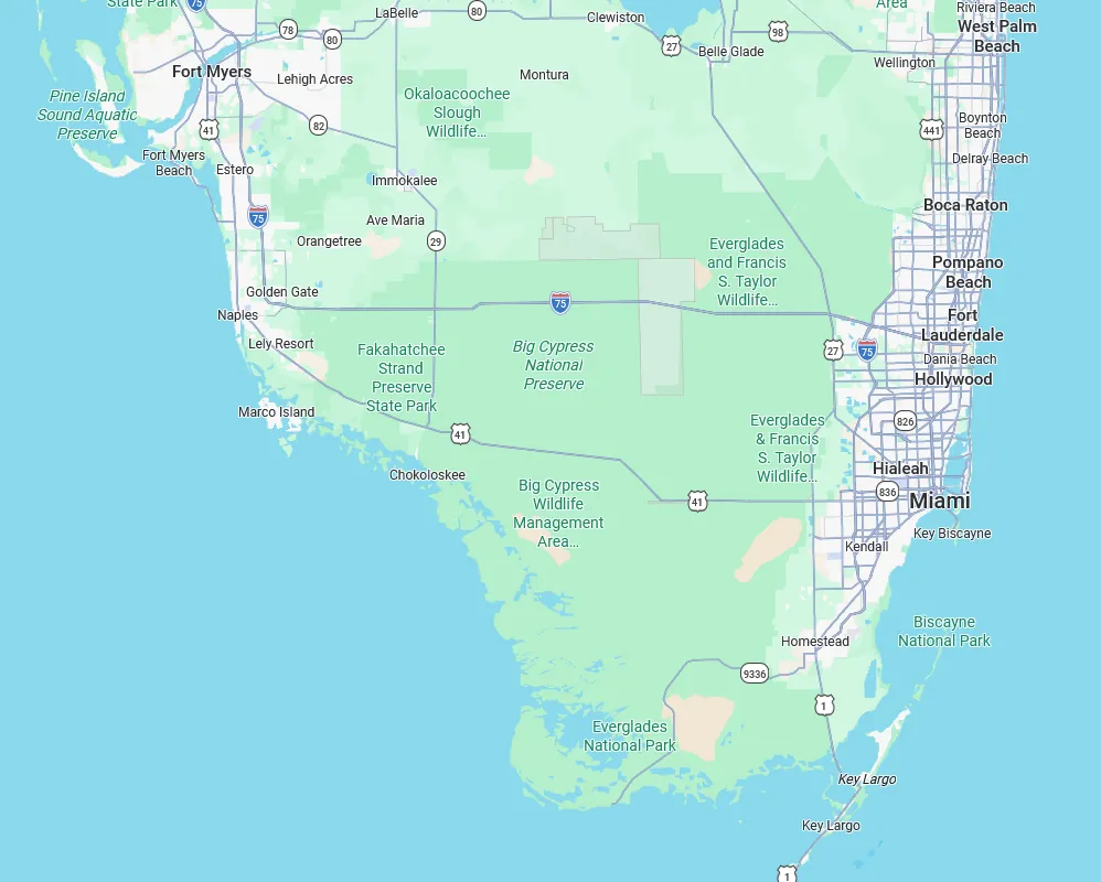 Map of South Florida showing Sixto Soto Painting's service area, from Fort Myers and Naples across to Miami-Dade, Fort Lauderdale, and the Florida Keys